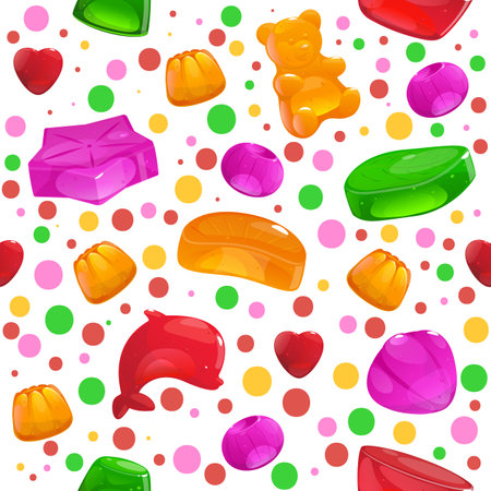 Jelly candies seamless pattern. Fruit gummy sweets. Color marmalade molds. Baby chewing vitamins. Different fruit tastes. Delicious gelatin dessert. Yummy confectionery. Vector backgroundのイラスト素材