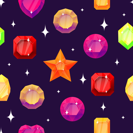 Gems seamless pattern. Colorful sparkling precious stones. Different jewelry cut. Luxury emeralds and sapphires. Jewel gemstones. Brilliant diamonds. Repeated print. Vector backgroundのイラスト素材