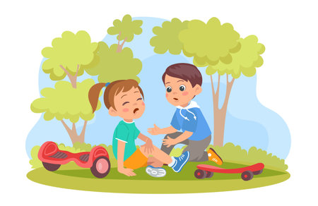 Friends supports. Boy helps crying girl up and calms her down. Gives hand. Childhood injuries. Kids active games. People ride skateboard or hoverboard in park. Splendid vector conceptのイラスト素材