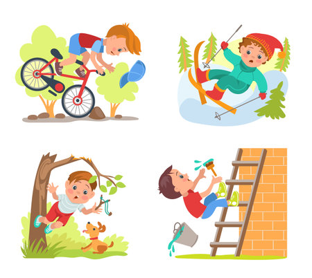 Falling children scenes. Frightened boys slip and fall down stairs. Teen person climbing tree or stepladder. Kids skis and ride bikes. Stressful traumatic situations. Splendid vector setのイラスト素材