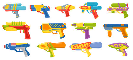 Colorful water weapon. Kids plastic toy guns. Futuristic design. Thai Songkran holiday elements. Spray pump pistols. Children war fight. Summer game. Wet handguns. Recent vector setのイラスト素材