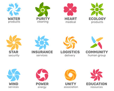 Circle pinwheels logos. Simple minimalist business signs. Round icon templates with text. Propellers shapes. Delivery service. Cleaning company. Vector corporate brand logotypes setのイラスト素材