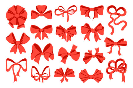 Cartoon red ribbons and bows. Decorative elements for gift wrapping. Birthday presents packaging. Party silk objects. Tied knots. Holiday celebration. Surprise box. Recent vector setのイラスト素材
