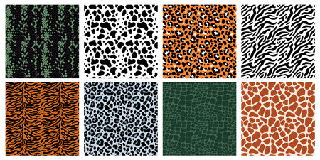 Animal fur and skins seamless patterns. Natural prints. Mammals or reptiles exotic colors. Leather with spots and stripes. Snake scales. Zebra and leopard backgrounds. garish vector setのイラスト素材