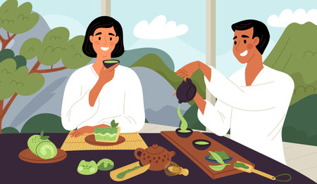 People drink green matcha. Man and woman at tea ceremony. Traditional Japanese powdered beverage. Couple eat desserts. Beverage cup. Ceramic teapot. Terrace table. Garish vector conceptのイラスト素材