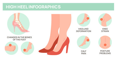 High heels harm for female feet. Foot disease medical poster. Deformity of bones and joints. Orthopedic problem. Uncomfortable woman footgear. Anatomy infographic. Garish vector conceptのイラスト素材