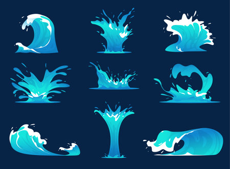 Sea waves and splashes. Cartoon blue water fountains and blowout. Aqua surges. White foam. Natural phenomenon. Ocean tsunami. Marine storm. Splashing drops. Game elements vector setのイラスト素材