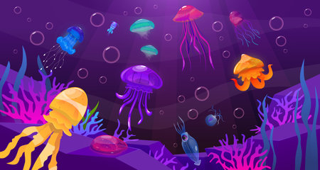 Jellyfish and plankton on seabed background. Underwater transparent invertebrate inhabitants with poisonous tentacles. Glowing aquatic animals. Swimming medusa. Marine fauna. Vector conceptのイラスト素材