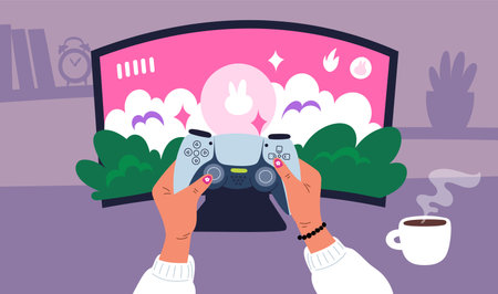 Gamer girl playing video game. Hands with console controller. Woman arms holding Videogame joystick in front of television screen. Control gamepad. PC monitor. Garish vector conceptのイラスト素材
