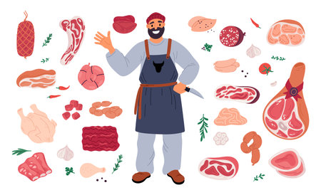 Cartoon butcher with meat. Farm meat delicatessen. Man in apron with knife. Animal products. Ham or sausages. Pork bacon. Fresh ribs and tenderloin. Beef steak chop. Garish vector setのイラスト素材