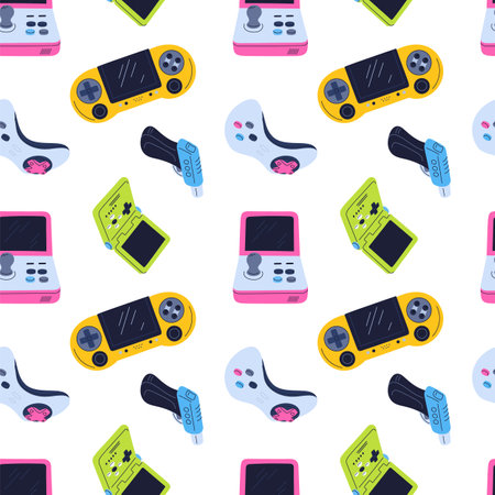 Video game seamless pattern. Modern and retro joysticks. Cybersport players print. Gaming controllers. Arcade gamepads. Electronic gadgets. Playing consoles. Garish vector backgroundのイラスト素材