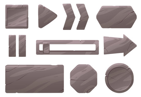 Stone menu buttons. GUI design elements. Natural rocky texture interface frames. Boards with fissures. Objects for game or site navigation. Cracked tablets. Rock UI icons vector setのイラスト素材