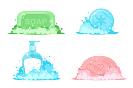 Cartoon soaps with foam. Liquid and lump detergent. Froth bubbles. Body washing. Skin care. Hand hygiene. Dispenser bottle. Soapy cleanser aroma. Beauty cosmetic products vector setのイラスト素材