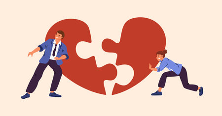 Cartoon people assemble puzzle. Couple push halves of heart towards each other. Struggle for love. Joint efforts. Romantic relationship. Jigsaw pieces connecting. Garish vector conceptのイラスト素材
