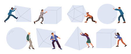Business people pushing geometric shapes. Office staff move large plaster figures. Businessman pulling heavy form. Persons striving for success. Overcome challenge. Garish vector setのイラスト素材