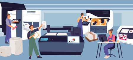 Printing house staff working. Polygraphy productions. People in printshop. Typography machines....