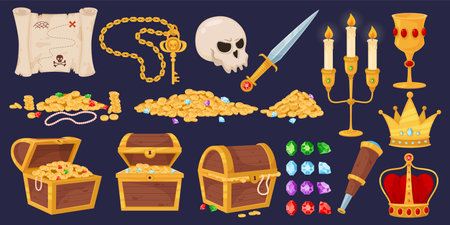 Cartoon pirate trophies. Treasure in wooden chests. Golden coins. Human skull. Antique sword and spyglass. Jewel crown. Medieval box. Gemstones heap. Fabulous wealth. Recent vector setのイラスト素材