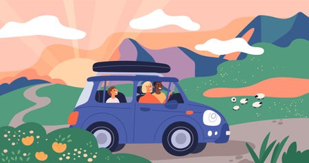 People in cars travel. Happy family road trip. Vehicle side view. Beautiful landscape with mountains and grazing sheep. Summer vacation. Parents with children. Garish vector conceptのイラスト素材