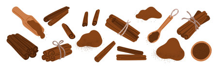 Cinnamon sticks and powder. Organic aroma product. Sweet cooking dry spices. Desserts seasoning. Bakery and coffee condiment. Culinary ingredient. Gourmet spicy taste. Garish vector setのイラスト素材