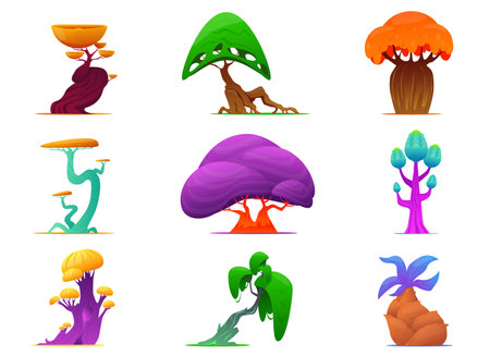 Fantastic plants. Magic trees fancy shapes. Colorful foliage crowns and trunks. Alien greenery. Unusual flora. Mystical garden. Fairytale botanical objects. Forest elements vector setのイラスト素材