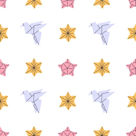 Cartoon origami seamless pattern. Folded paper birds and stars. Japanese crane. Friendship and good luck symbol. Handmade pinwheel. Geometric creative dove. Garish vector backgroundのイラスト素材