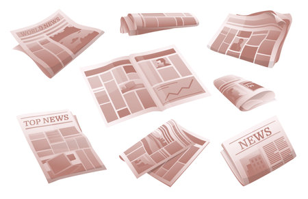 Folded periodicals. Cartoon newspapers. Weekly publications reading. Crumpled paper sheets. Information media tabloids. Daily news in print. Journal reportage. Newsletters vector setのイラスト素材