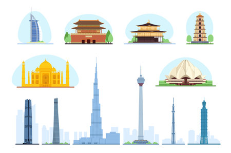 Asian buildings. Travel famous landmarks. Ancient palaces and skyscrapers. Oriental temples. Tourism journey. Historical pagodas. Towers style. Popular architectural objects vector setのイラスト素材