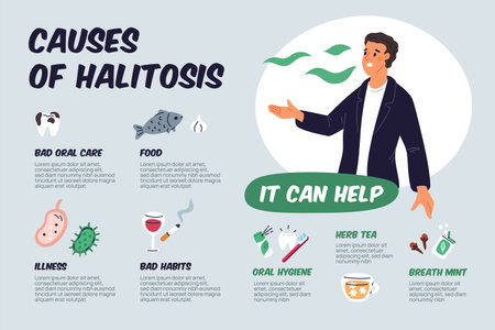 Halitosis causes. Bad smell infographics. Stinky nasty breath. Prevention and elimination. Mouth bacteria. Unpleasant habits. Lack of oral hygiene. Unclean teeth. Garish vector conceptのイラスト素材