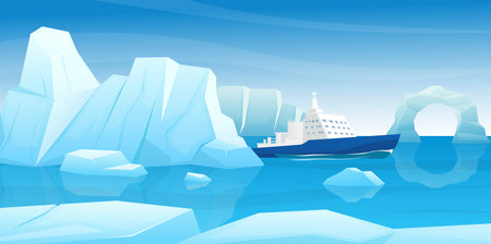 Arctic island landscape. Icebergs sticking out of water. Cold ocean mountains. Polar or Antarctic background. Winter scenery. Icebreaker ship journey. Scenic seascape. Vector conceptのイラスト素材