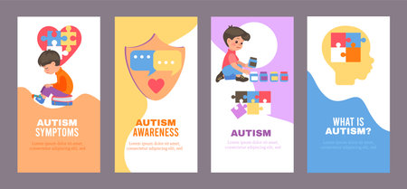 Autism awareness Day cards. Cute kids with autistic spectrum disorder. Hyperactivity and ADHD. Children behavioral features. Attention to detail and introversion. Splendid vector setのイラスト素材