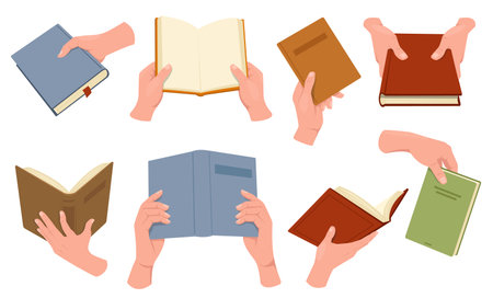 Hands holding books. Male arms with literature. Woman giving textbooks. Reading novel. School education. Publishing products. School education. Different positions. Library vector setのイラスト素材