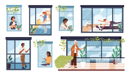 People in open windows. Neighbors in apartments doing different things. View through glass. Man caring of plants. Building terraces. Woman sitting at home windowsill. Garish vector setのイラスト素材