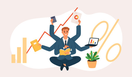 Multitasking business man. Office worker in suit sits in lotus position. Man with lot of hands. Growing schedules. Successful businessman works. Time management. Garish vector conceptのイラスト素材