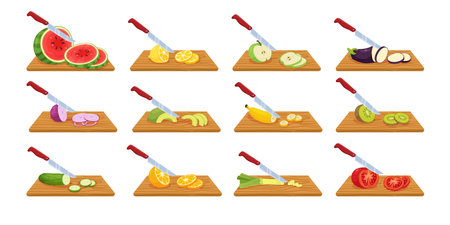 Kitchen knife cuts vegetables and fruits. Cutting ingredients for dishes on wooden boards. Making salads. Eggplant and watermelon slices. Food cooking. Vegan products. Recent vector setのイラスト素材
