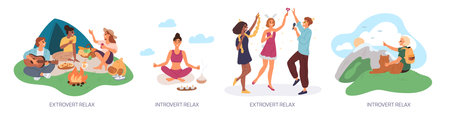 Introvert and extrovert. Sociable or unsocial people. Different psychological temperaments. Friends party. Alone relax. Inward or outward orientation. Yoga meditation. Garish vector setのイラスト素材