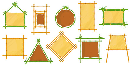 Hawaiian bamboo frames. Different geometric shapes tropical stick borders. Stretched leather and parchment. Jungle empty exotic signboards. Natural material. Vector botanical banners setのイラスト素材