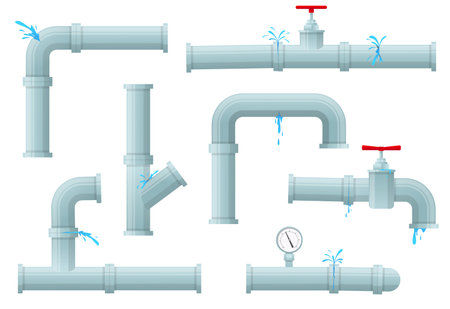 Leaking pipes. Plastic broken pipeline. Water splashes under pressure and drips. Drain taps or valves. Engineering sensor. Sewerage supply system. Canalization fix. Sewer tubes vector setのイラスト素材