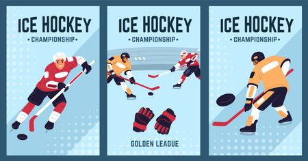 Ice hockey players cards. Sport games championship invitation. Professional athletes in uniform with clubs and pucks. Sportsman skating at rink. Goalkeepers gate. Garish vector setのイラスト素材
