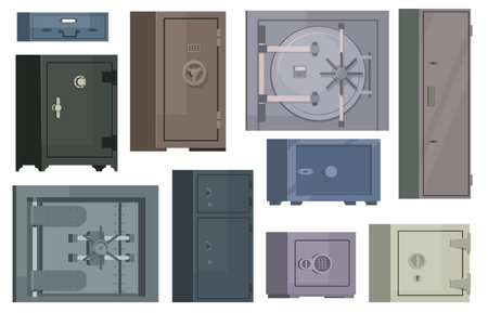 Different safes types. Metal cells and boxes with combination locks. Saving money, valuables and documents. Banking deposit. Household strongbox. Closed doors. Bank vaults vector setのイラスト素材