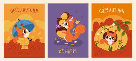 Cute squirrels. Autumn time cards. Redheads animals. Forest characters. Rodents stock up on nuts and acorns for winter. Hello fall season. Woodland mammal with pumpkin. Garish vector setのイラスト素材