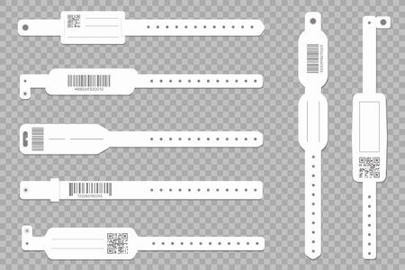 Blank wristband bracelets mockup. White paper pass tapes. Event or concert identification. Fan ID. Carnival entry. Access wristlet with barcode. Security checking elements vector setのイラスト素材