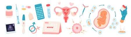 People fertility. Artificial insemination. Child conception. Gynecology and obstetrics elements. Reproductive function. Prenatal examining. Ultrasonic diagnostics. Garish vector setのイラスト素材