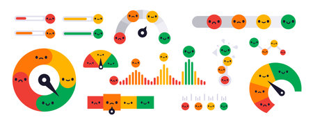 Customer satisfaction meter. Measurement scales. Positive or negative reviews and emotions. Color charts with smiley faces. Clients rate feedback. Smiles diagram. Garish vector setのイラスト素材