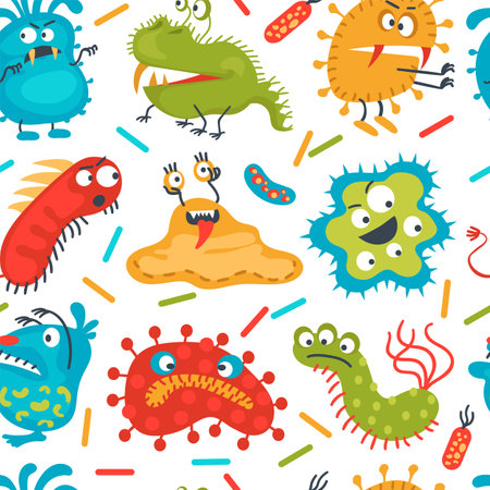 Funny bright bacteria seamless pattern. Germ characters. Repeated print. Viruses and microbes. Unicellular organisms. Disease pathogen. Microscopic monsters. Splendid vector backgroundのイラスト素材