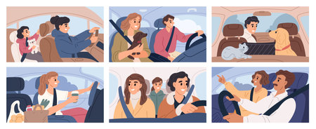 People driving cars. Happy men and women in private auto interiors. Personal transport traffic. Vehicle salon. Drivers and passengers travel. Automobile transportation. Garish vector setのイラスト素材