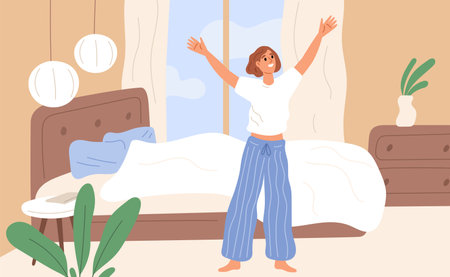 Morning awakening. Woman in pajamas. Bedroom interior. Healthy sleep. Girl taking care of health. Person having good rest. Daily schedule. Awake stretching pose. Garish vector conceptのイラスト素材