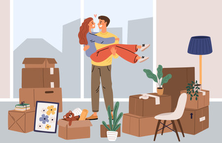 Young happy couple moved into new home. Boxes heap. Man and woman relocating. Cardboard containers delivery for relocation. Unpacking interior items. Family housewarming. Vector conceptのイラスト素材