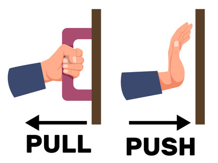 Ways to open door. Push or pull doorknob. Hand motion direction arrow. Graphic note for entrance. Doorway slam. Sign label. Instruction information. Attention message vector stickers setのイラスト素材