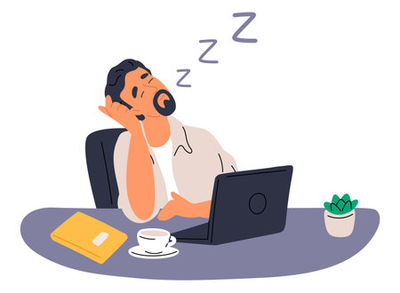 Tired office worker sleeps on job. Dream on workplace. Exhausted employee sitting at table. Burnout businessman. Asleep guy. Busy manager slumbering at computer desk. Vector conceptのイラスト素材