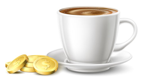 Realistic porcelain coffee cup and gold coins. Ceramic mug with saucer. Payment for drinks. Cafe paying. Restaurant tips. Golden money. Breakfast espresso. Vector hot barista beverageのイラスト素材